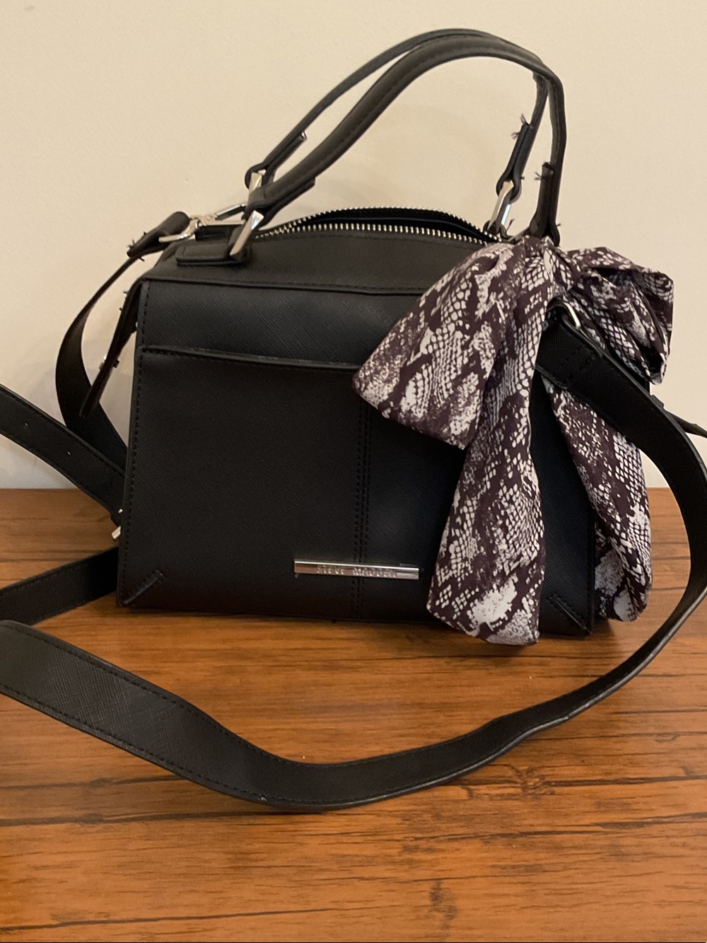 Steve Madden Black Structured Satchel with Printed Scarf Accent